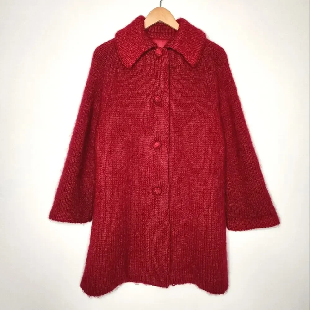 Vintage Red Sweater Coat Heavy Knit